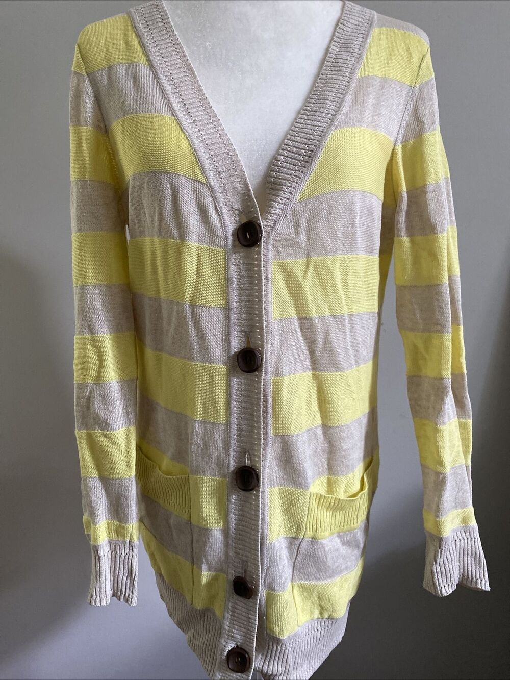 100% Linen Women Cardigan S M Pockets Beige Yellow Soft Knit Buttons Eco Sweater